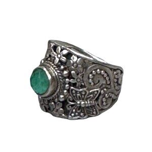 Sarda Sterling Silver Ring Emerald Green Gemstone Butterfly & Floral Size 6.5